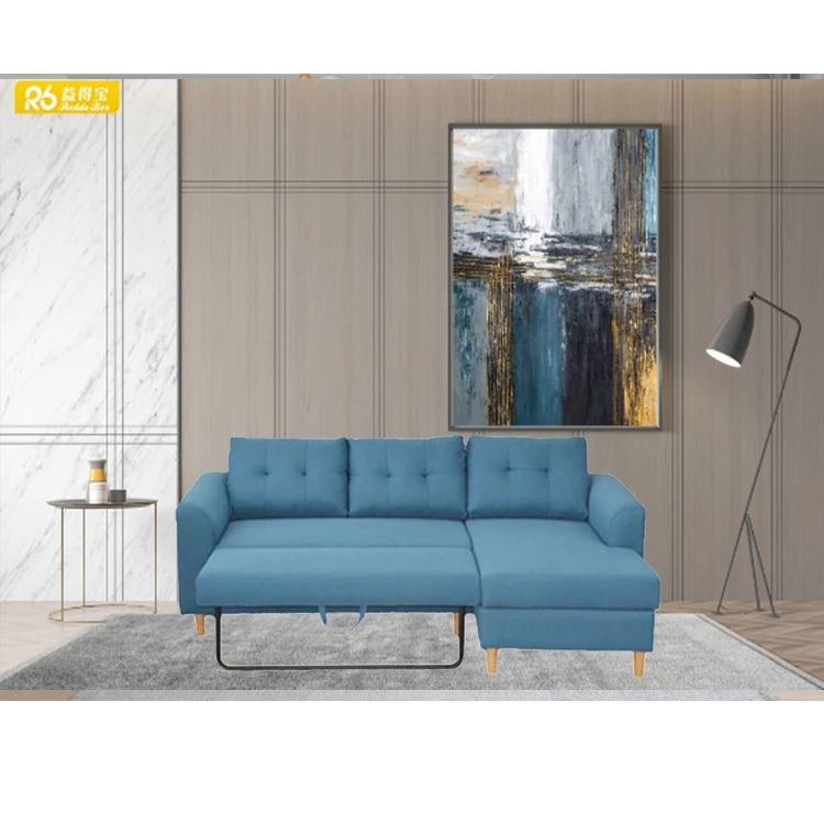New Design Space Saving Sofa Beds Fabric Material L Shape Functional Living Room Furniture Linen Blue Sofa Bed