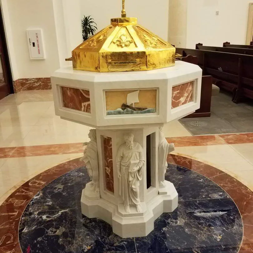 Factory direct supply custom Unique design octagonal shape Hand carved natural marble font