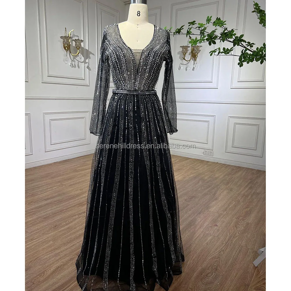 Black A Line Beaded Arabic Evening Dresses 2023 Serene Hill LA72113 Formal Party Gowns for Women Wedding Event