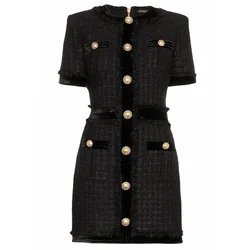 Luxurious Designing Elegant Lady Short Sleeve Buttons Bling Bling Black Thick Tweed Short Sheath Casual Women Dress