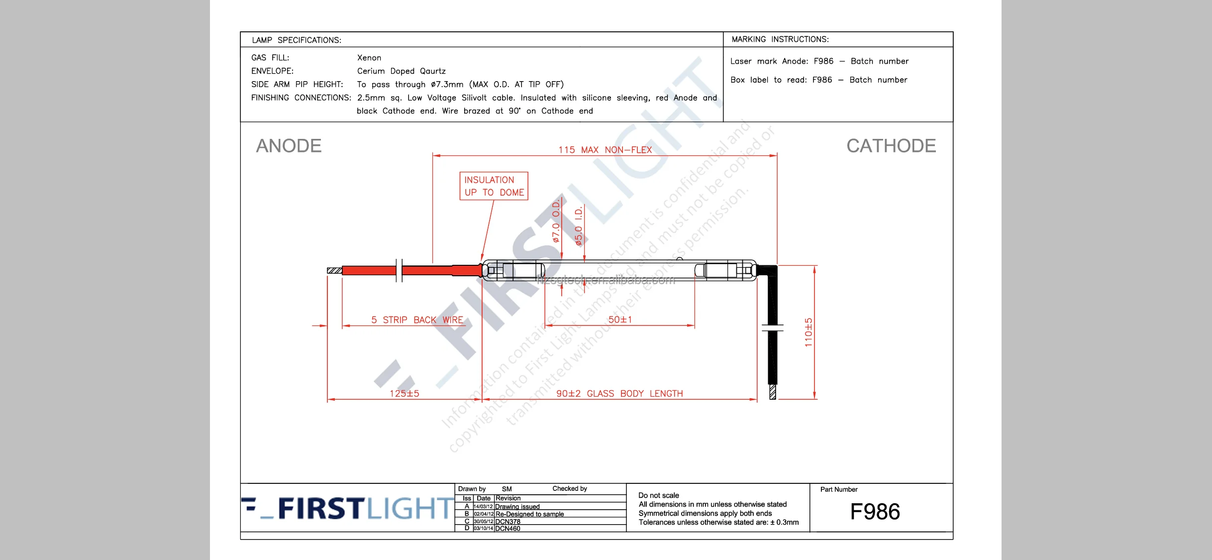 UK Firstlight IPL xenon flash lamps F986=F1185B 7*50*90, with wires, cathode 90 degrees for IPL Elight  OPT beauty machine