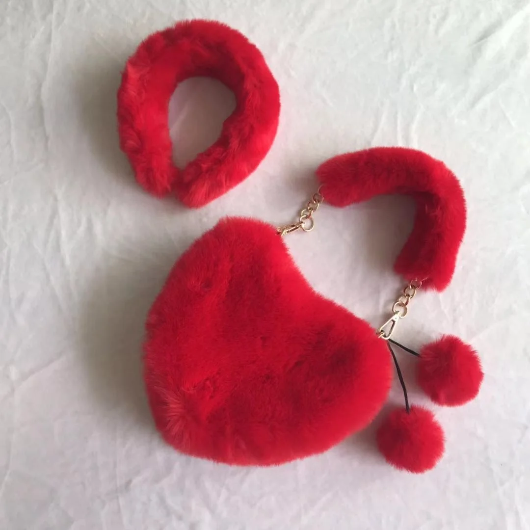 hot selling new fashion ladies faux fur heart shaped handbag and fur headband