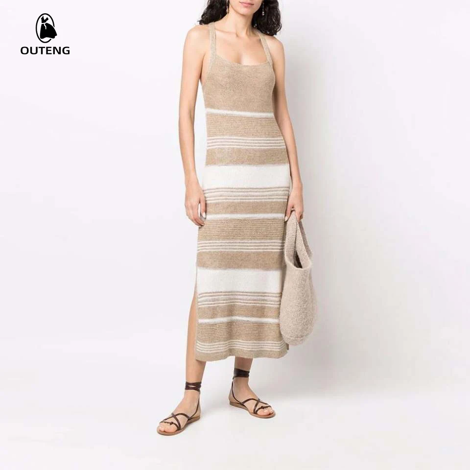 Stripe Backless Custom Summer Beach Casual Long Maxi Sweater Knit Slip Womens Dresses