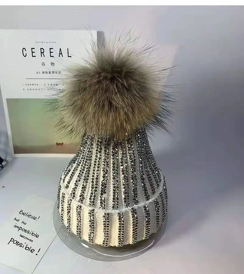 Winter Women Knitted Beanie Hat Real Raccoon Fur Pompom all diamond Hat for Female Warm Chunky Thick Stretchy Hat