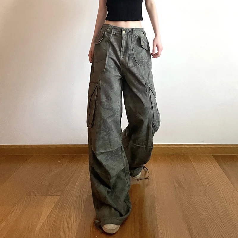 HANO Cargo Women Slimming Retro Camouflage Printed Ankle-tied Jeans Hot Girl Hip-hop Wide Leg Pants