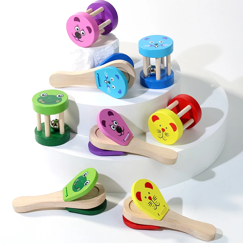 Montessori Baby Musical Instruments Wooden Colorful Cylinder Rolling Drum Rattle Hand Clappers Learning Toys For Infant