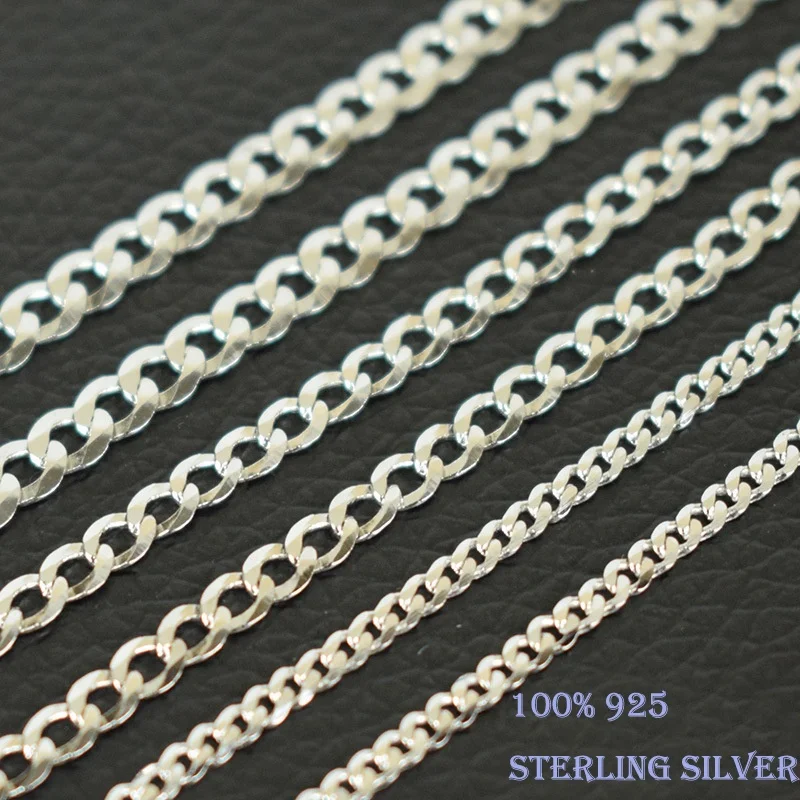 Dainty Facets Pure Silver Curb Chain Thick Long Necklace Jewellery Flat 2/3/4MM 100% 925 Sterling Silver Cuban Chain for Men