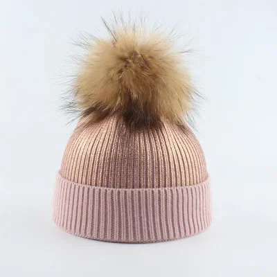 Newest winter hat mommy and me warm chunky knit hat crochet family matching beanie cap with real fur pompom