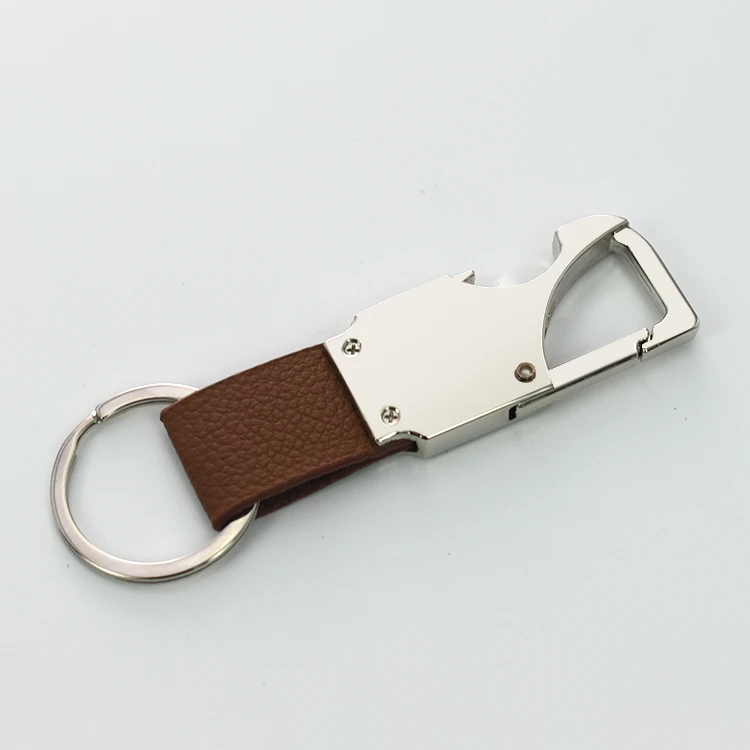 Wholesale Laser Lettering Promotional Business Advertising Real Leather Metal Bottle Opener Keychain
