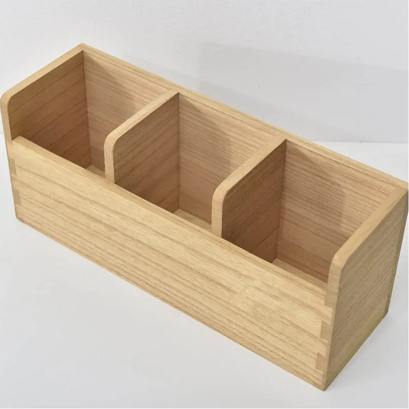 Wooden kitchen utensil holder countertop utensil storage box with 3 compartments