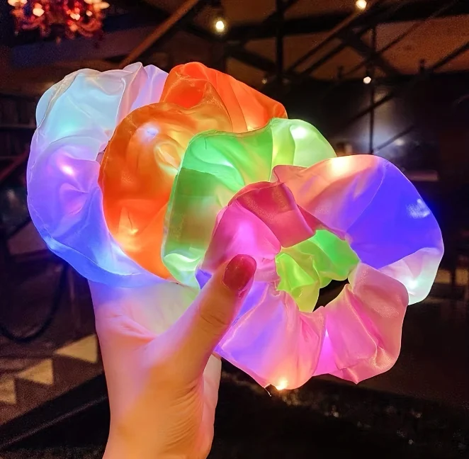 Women Satin Led Flashing Scrunchies Elastic Girls Light Up Hairband Glow Hair Tie For Party Hair Accessories