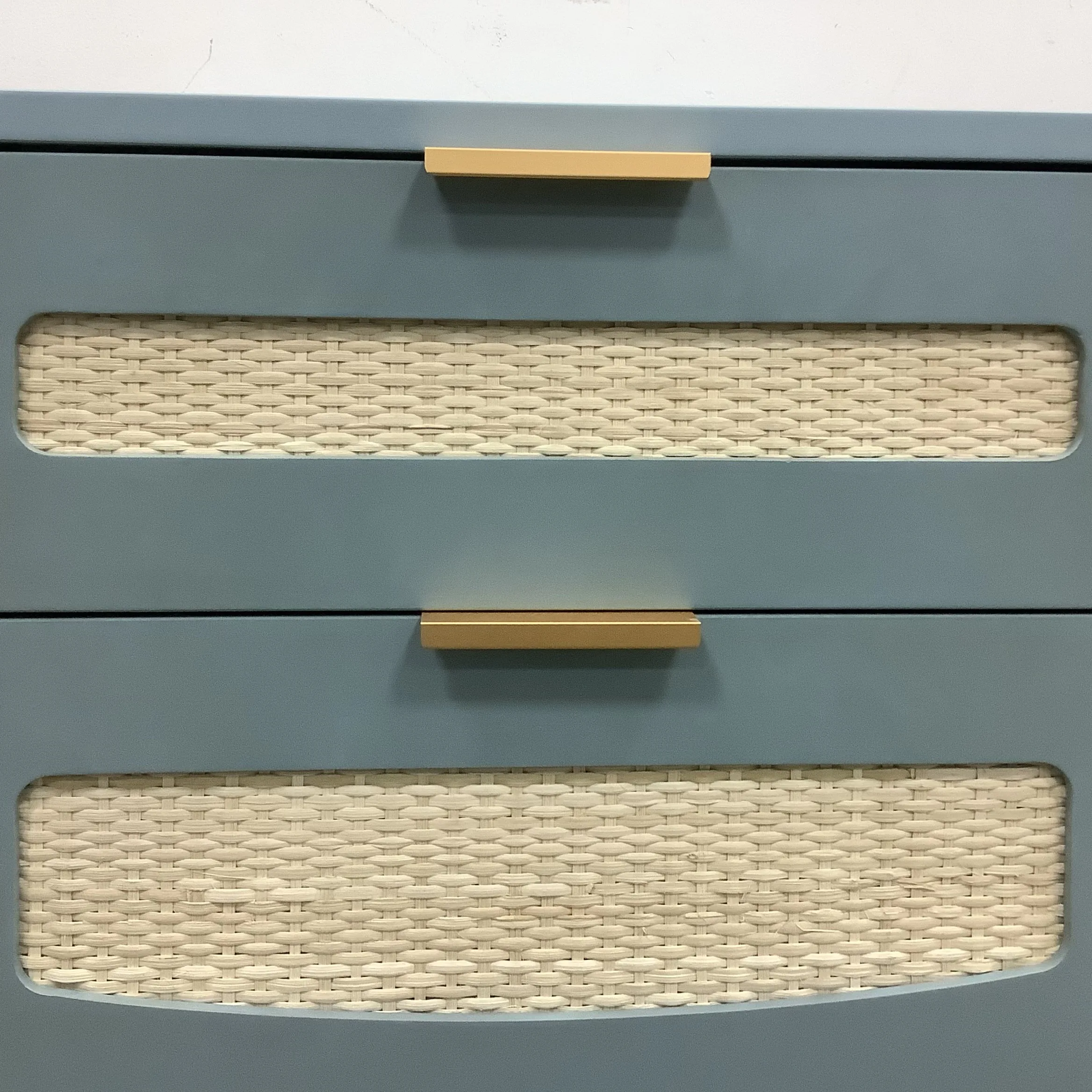 Modern Real Rattan Wooden Bedside Nightstand Side Table with 2 rattan cabinet Drawers Design Blue Customized Wood Style