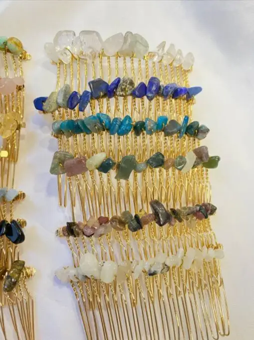 Natural Stone Hair Comb Colorful Healing Crystal Gravel Stone Hair Comb for Women Girls