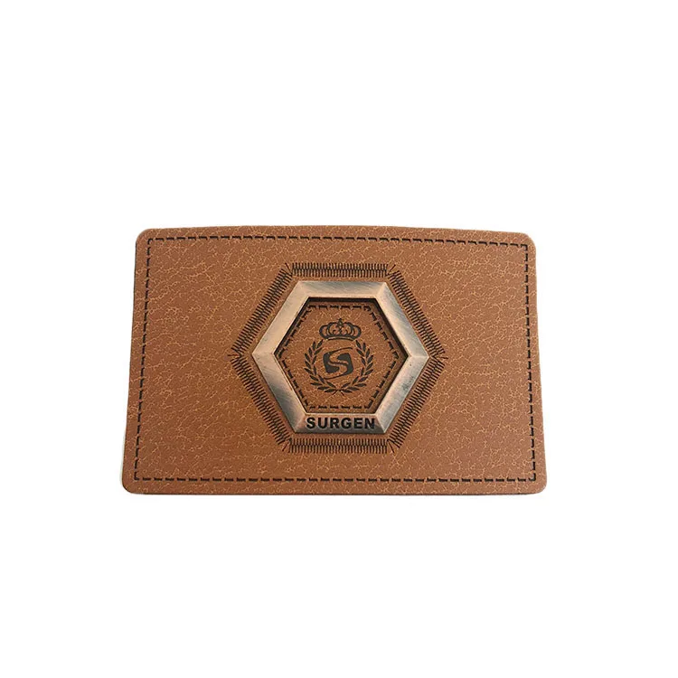 Quan zhou embossed branded logo custom metal pu leather patch label tag