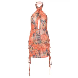 Latest Summer Fashion Beach Sexy Hollow Out Snake Print Backless Sleeveless Cross Halter Night Club Mini Dress