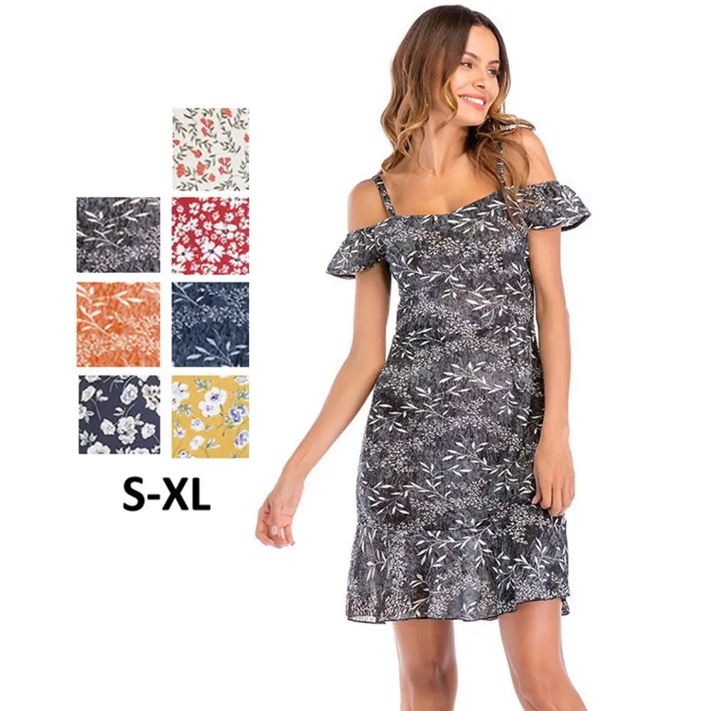 
Off Shoulder Ruffle Floral Print Fitted Bodycon Short Female Clothes Casual Women Summer Dress 