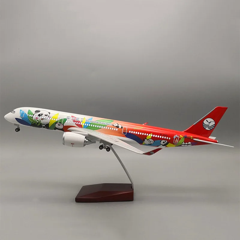 Airbus 350 Sichuan Panda voice controlled lights with landing gear wheels resin simulation aircraft model gift ornaments