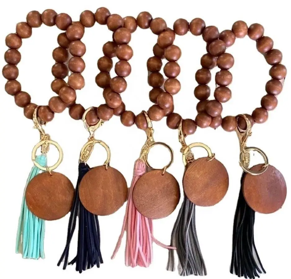 A 2356 Personalized String Keychain Wood Elastic Beaded Fringed Bangle Keychain Monogram DIY Wooden Bead Tassel Keychains