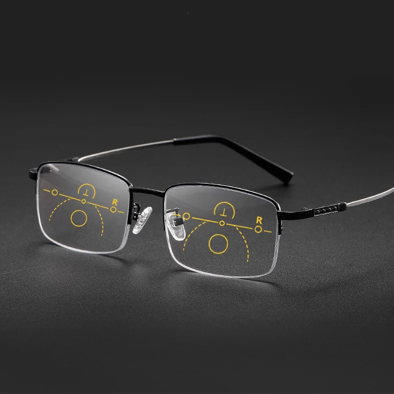 Multi-focus Reading Glasses Half-Frame Metal Memory Titanium Blue Light Blocking Progressive Reading Glasses