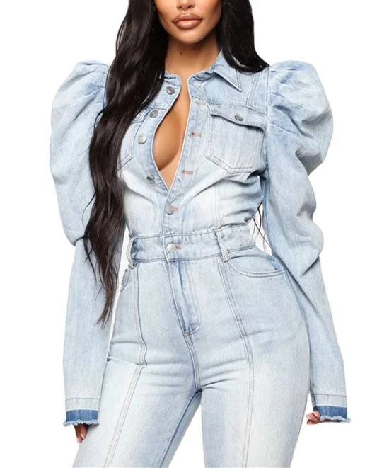 Jumpsuit mujer custom logo wholesale winter fashion jean long sleeve custom party jumpsuits women 2019