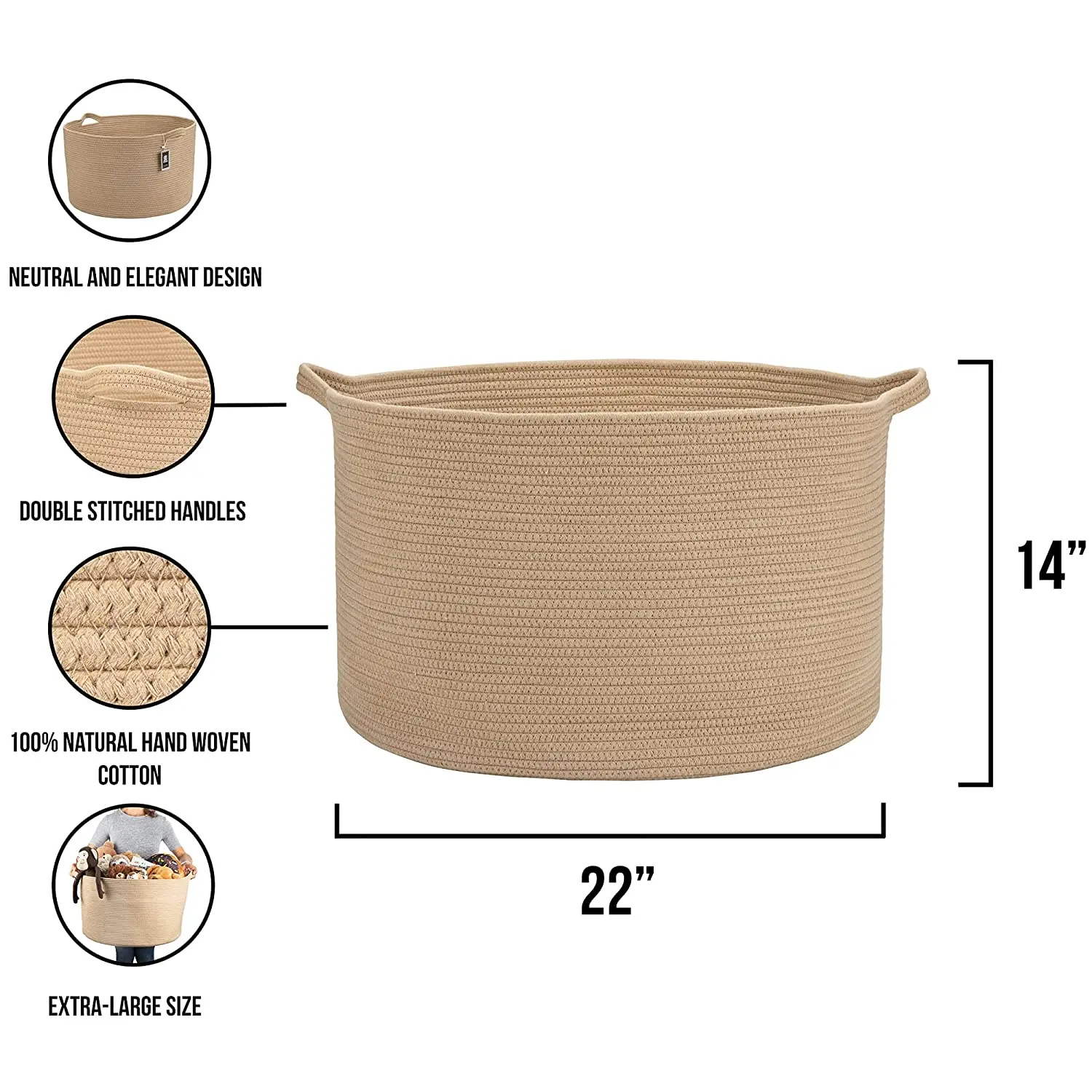 QJMAX XXL Cotton Rope Basket Natural Cotton Extra Large Woven Storage Basket Baby Hamper