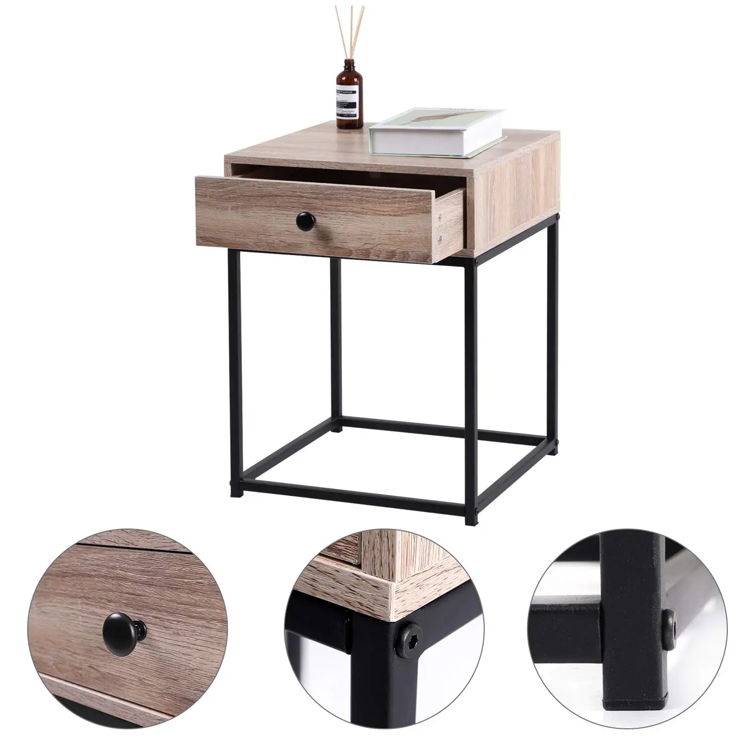 Ready Assembled Russian Oak Bedside Table Wooden Navy Night Stand Metal Wide Night Light Nightstand