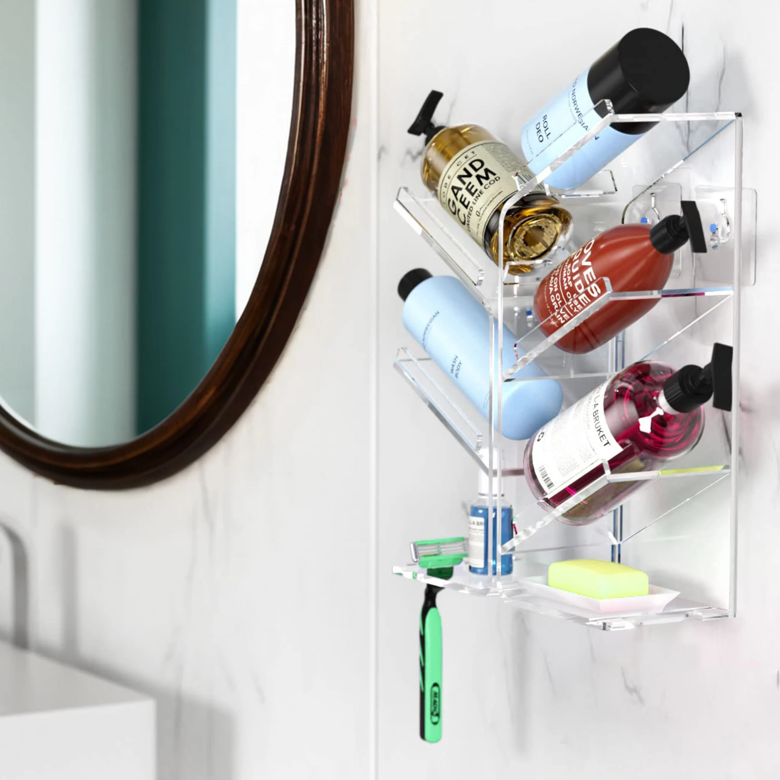 Clear Acrylic Wall-Mounted Storage Organizer for Bathroom Essentials, and Lotion Space Saving Shower Shelf Rack with Hooks