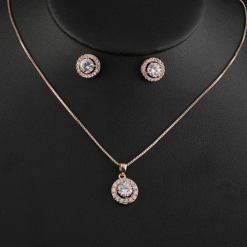 ROMANTIC Elegant Cubic Zirconia Women Fashion Rose Gold Earring Necklace Jewelry Set