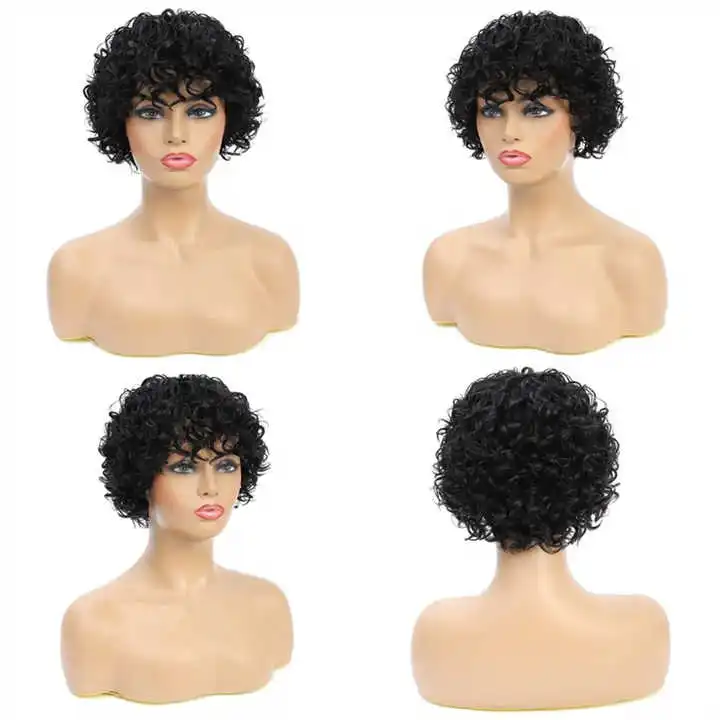 No Lace Pixie Cut Curly Human Hair Wigs With Bangs Full Machine Made Glueless Short Curly Wigs Human Hair For Black Women