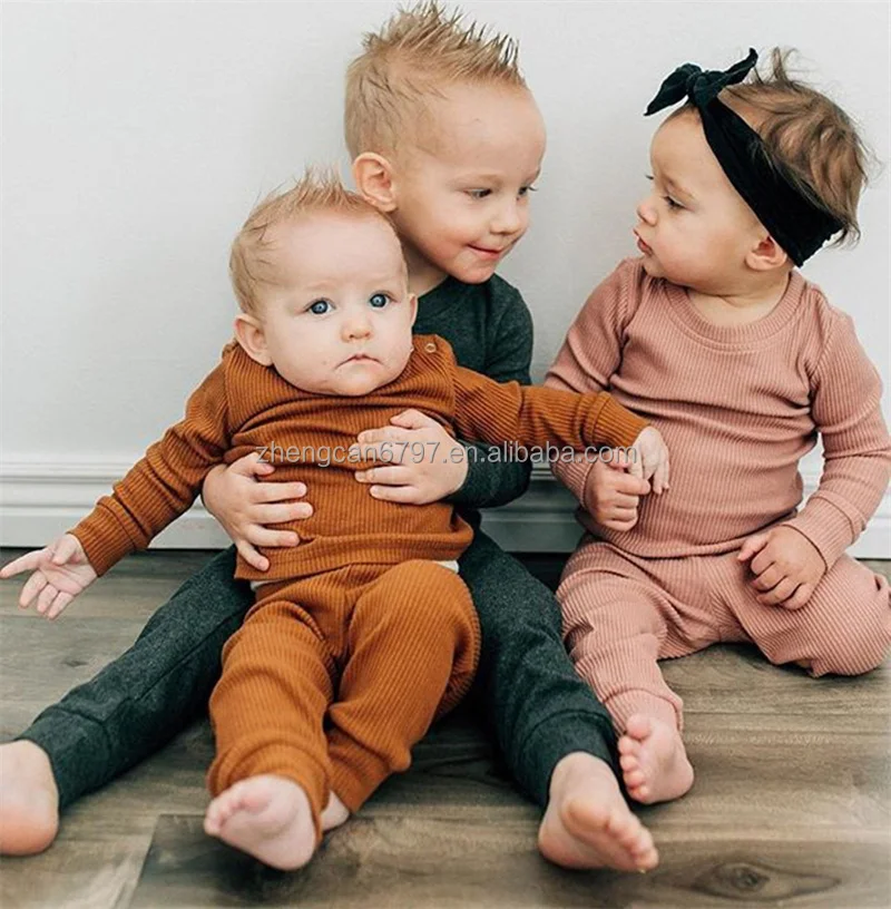 Cotton Pajama Baby Solid Knit Ribbed Two Piece Set Long Sleeves Top Pants Kids Suit For Boys