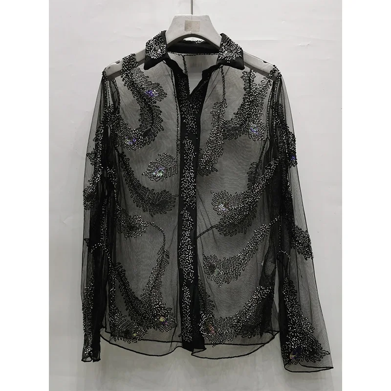 Fashion New Sexy Blouses Women Beaded See Through Mesh Tops Female Long-Sleeved Lapel Shirt Wholesale