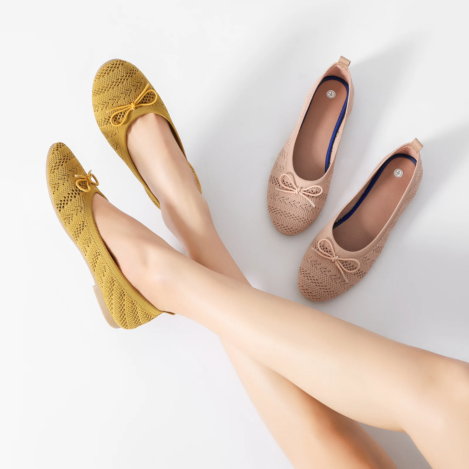 Wholesale Custom Multicolor Breathable Lightweight Comfortable Rubber Solewomen Office Shoes Knit Flats Shoes Ladies