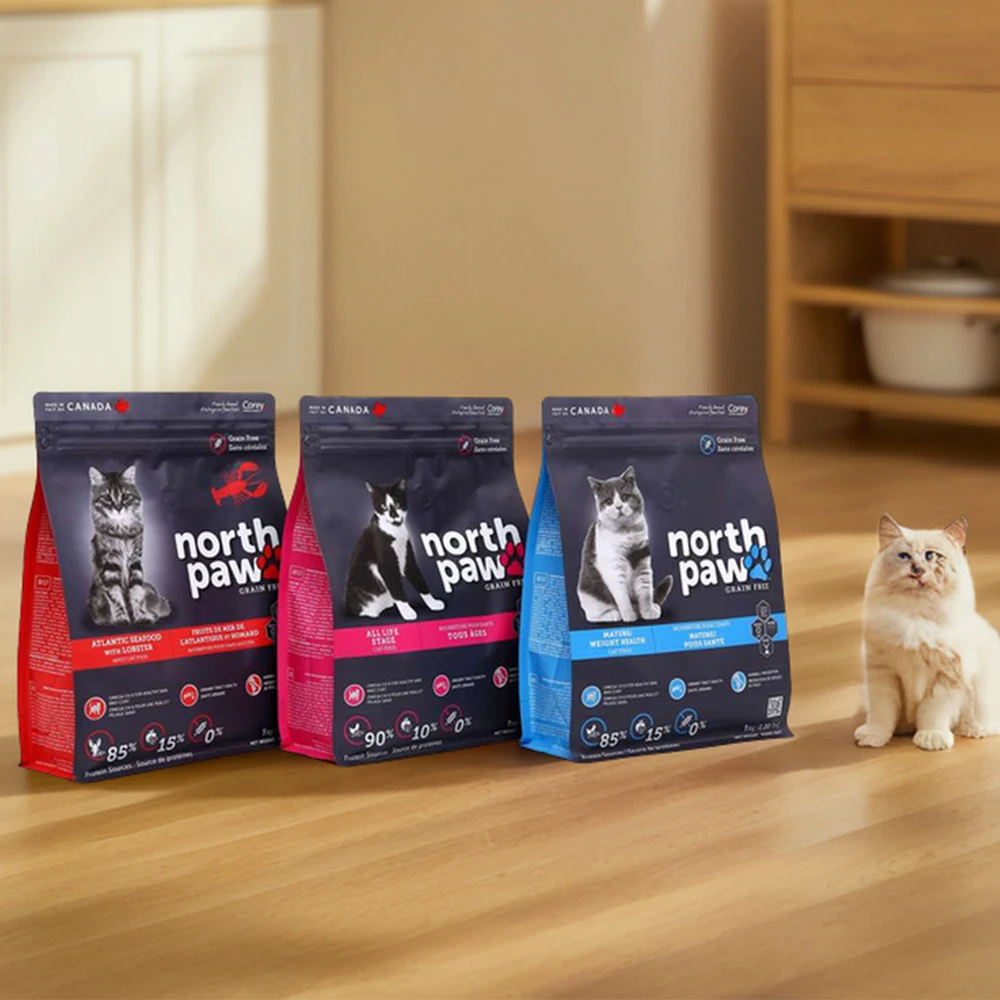 Custom Square Bottom Stand Up Bag Cat Pet Food Packaging Bag with air valve and easy tear zipper
