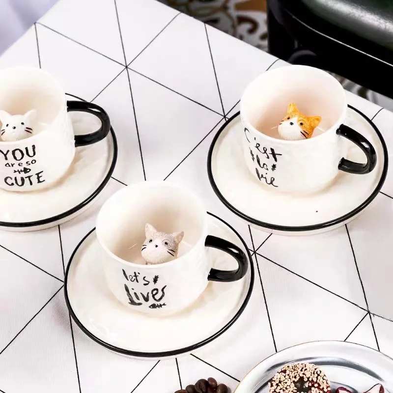 Cartoon Set Cat Coffee Saucer Cute Restaurant Milk 250 Ml Coffee Making Tea Breakfast Water Porcelain Craft Gift Ceramic Cup