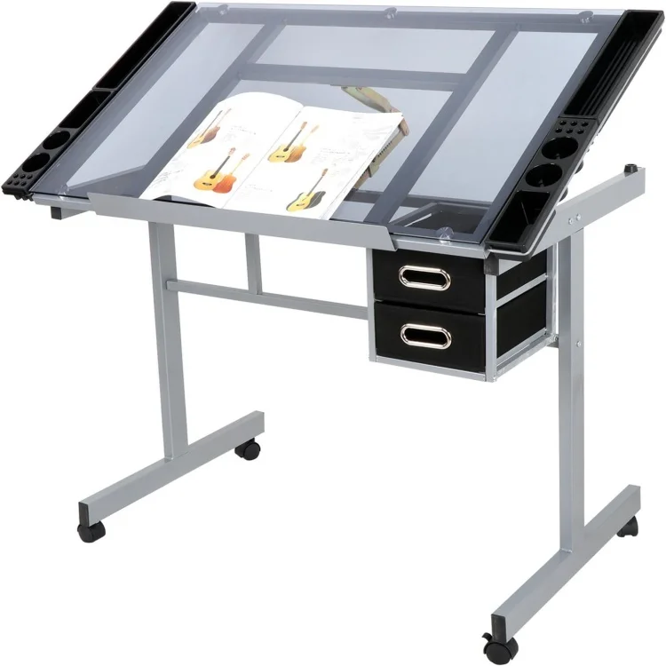 Glass Top Drafting Table with Storage Adjustable Multifunctional Drafting Drawing Table Desk