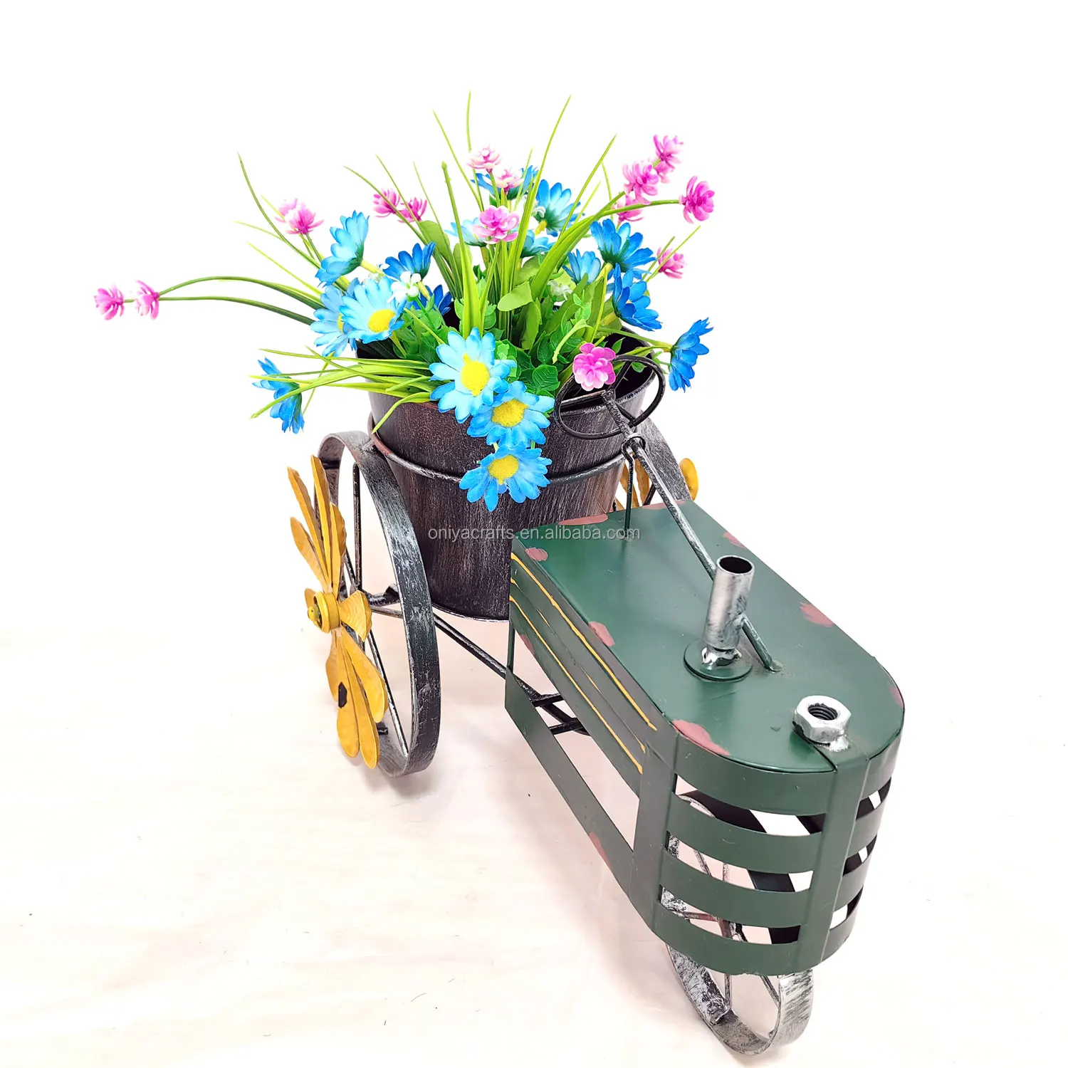 Oniya Indoor Freestanding Garden Decor Colorful Metal Tractor Windmill Planter with Flower Pot