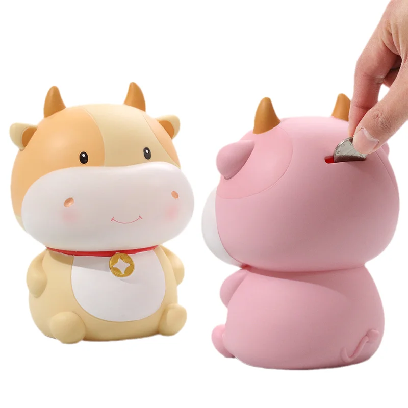 
2021 New Design Cute Cartoon Cow Coin Bank Birthday Gift Money Bank for Children Resin Piggy Bank 