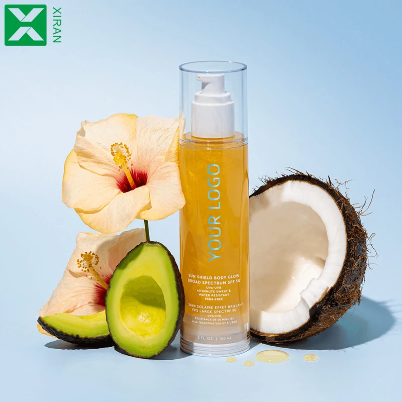 Private Label Liquid Waterproof Face Body Glow Oil with SPF 50 Broad Spectrum Sunscreen