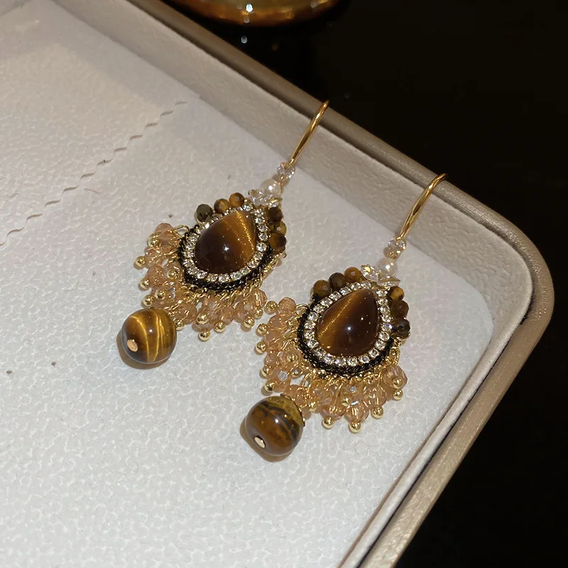 Tiger Eye Stone Style Tassel Earrings Vintage Design Earrings French Personalized Palace Style Earrings for Women