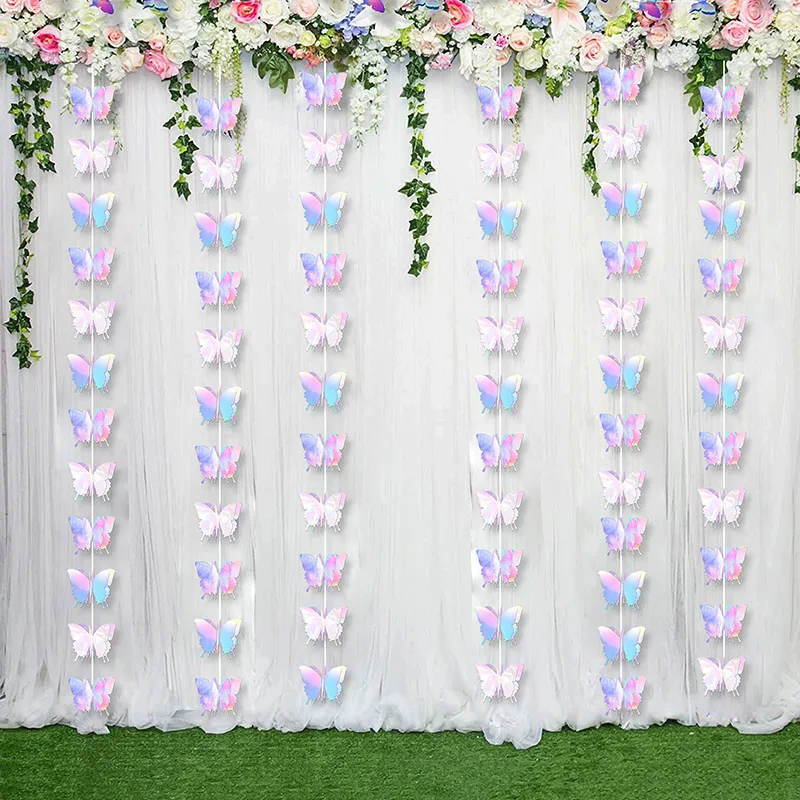 3D Paper Butterfly String Banner Wedding Decoration Laser Silver Butterfly Flower String