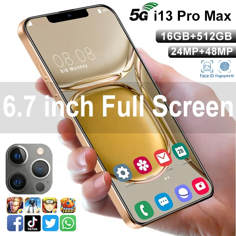 Смартфон i13 Pro Max + 6 7 дюйма 16 512 ГБ Android 10 ядер 5G LET phone 3 камера MTK6889 распознавание лица разблокированный мобильный телефон