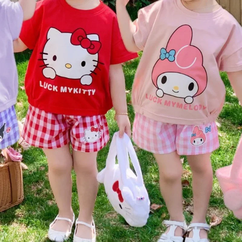 Kawaii Sanrioss летний детский комплект Kuromi Cinnamoroll KT My Melody ночная рубашка аниме футболка шорты сексуальные трусики бикини для детей