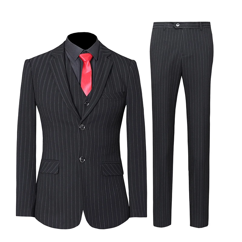 
Jacket Vest Pants Popular Black Classic Striped Wedding Blazer 3 Pieces Plus Size Business Formal Men Suits 