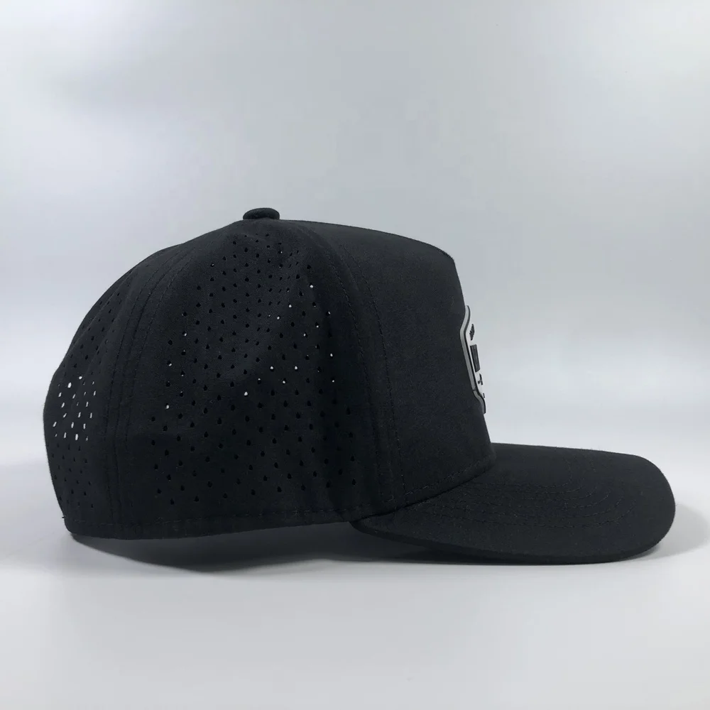 OEM popular polyester A frame laser cutting breathable golf snapback hat with rope custom 5 panel rubber pvc logo baseball cap