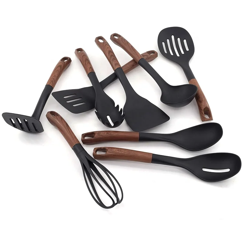 High Quality kitchenware set Cooking Utensils Tools Printing PP Handle Kitchen Utensils Set with Wooden handle
