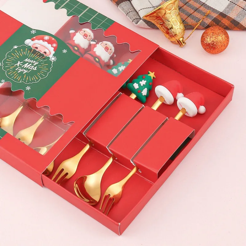 4pc 6pcs Cutlery Golden Spoon Set Christmas Coffee Spoon Gold Stainless Steel Metal Food Grade Christmas gift spoon set
