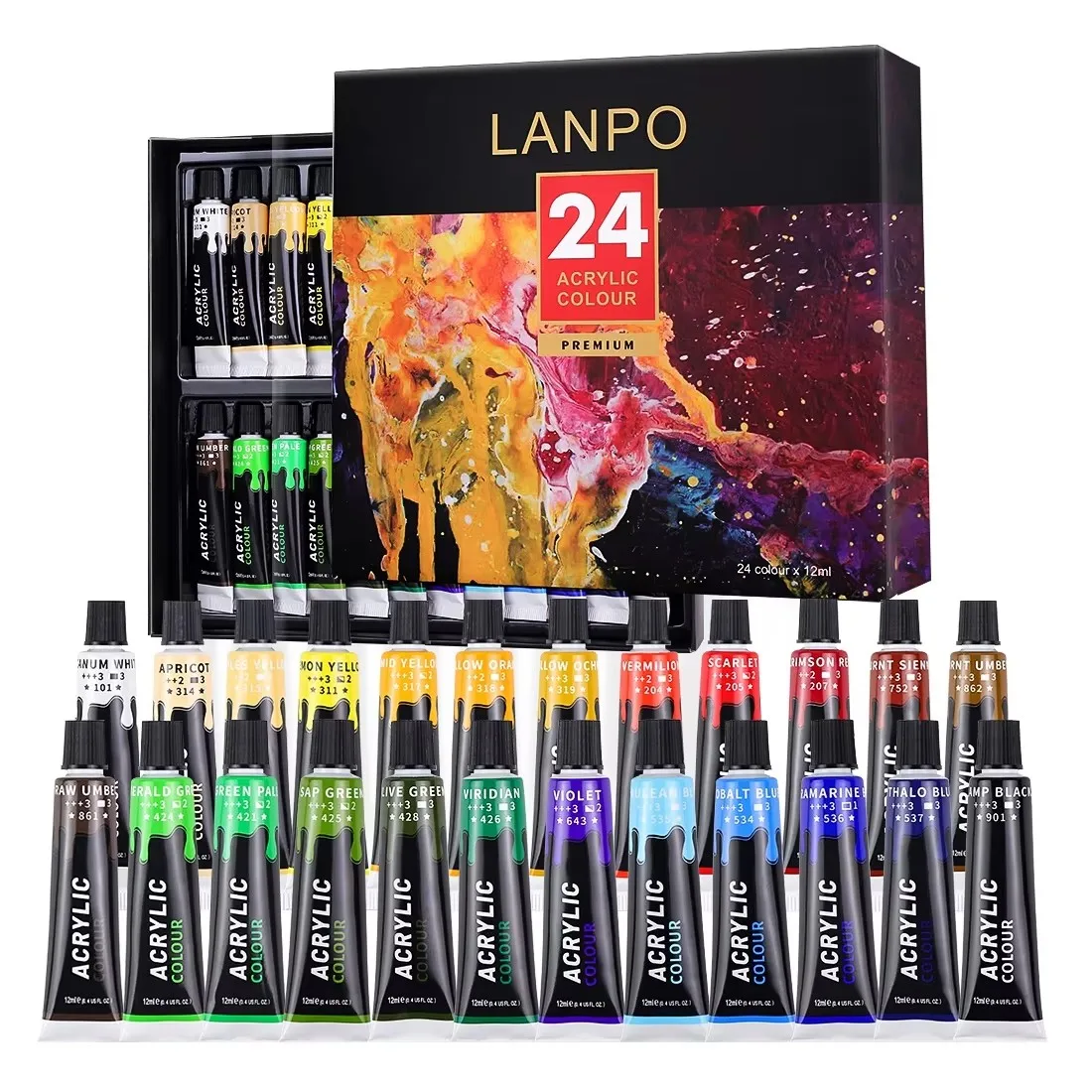 Hot Selling Art Supplies High-end Pigments in 24 Colors 12 Milliliters Acrylic Paint Tube Artist Painting Acrylic Paint Set