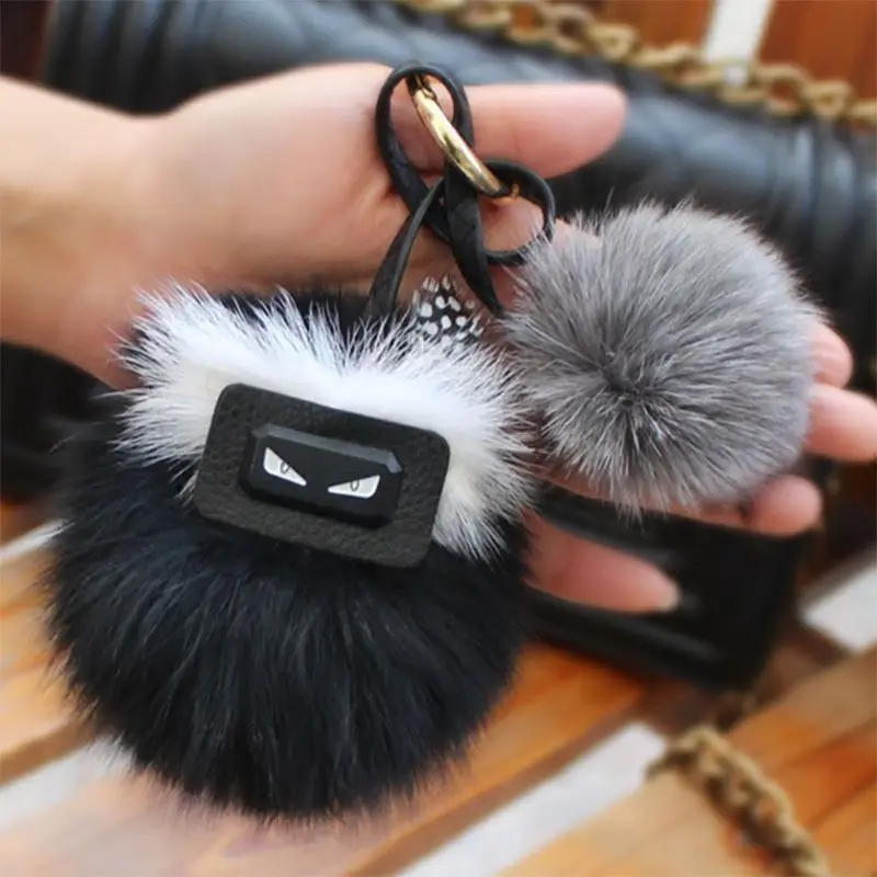 New designer fluffy plush keyring pendant animal bag charm real fox fur puff car key chain pompom Luxury keychain