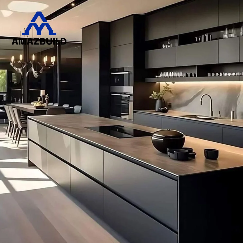 AMAZBUILD Modern American Style Luxury Home Complete Matt Black Wood Kitchen Cabinets