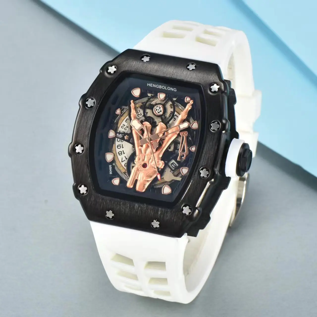 Ghost Hand Wine Barrel Quartz Watch for Men Tonneau Dial Orange Silicone Strap Silver Sport Wristwatch